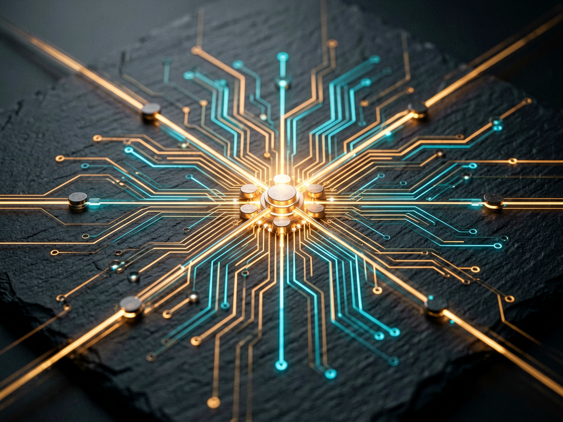 A conceptual editorial image showing an intricate, glowing circuit board pattern resembling a choreographed dance floor, symbolizing the transition from linear 