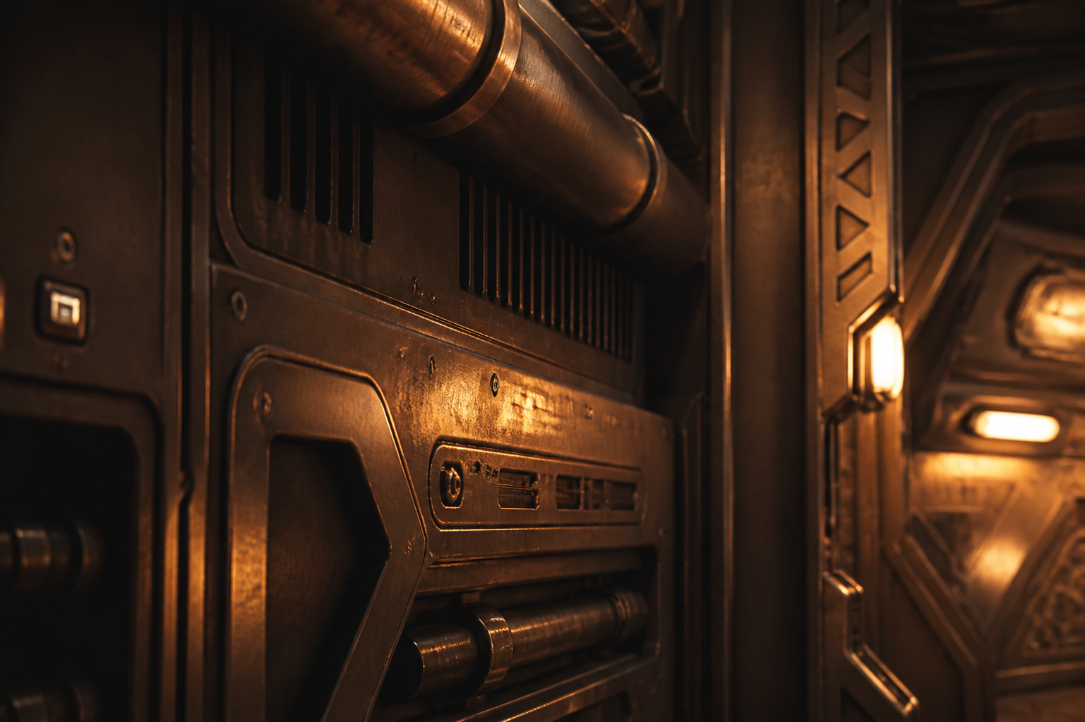 A detailed view of a realistic spaceship interior set with practical lighting