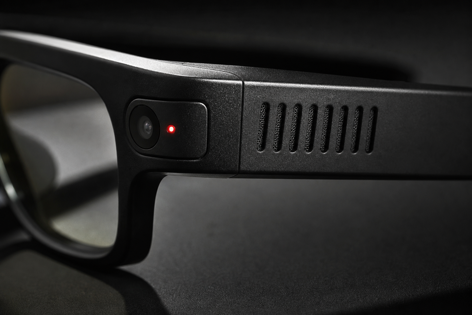 Close-up of smart glasses temple with heat dissipation vents and a red LED camera indicator