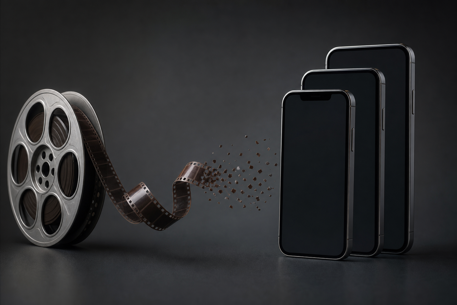 A cinematic film reel dissolving into vertical smartphone screens and digital fragments