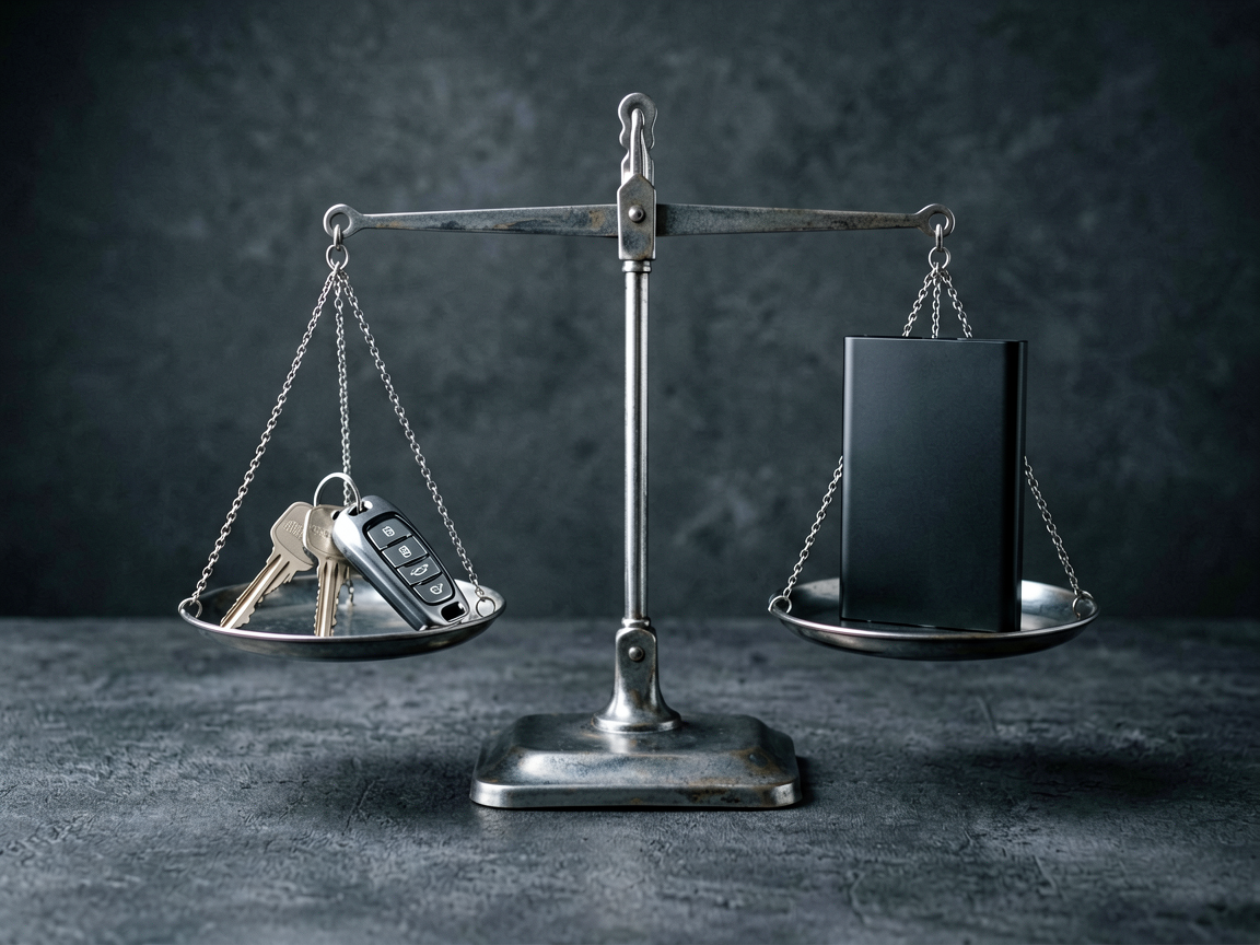 A symbolic representation of shifting responsibility in autonomous driving featuring a car key resting on a digital scale next to a data drive.