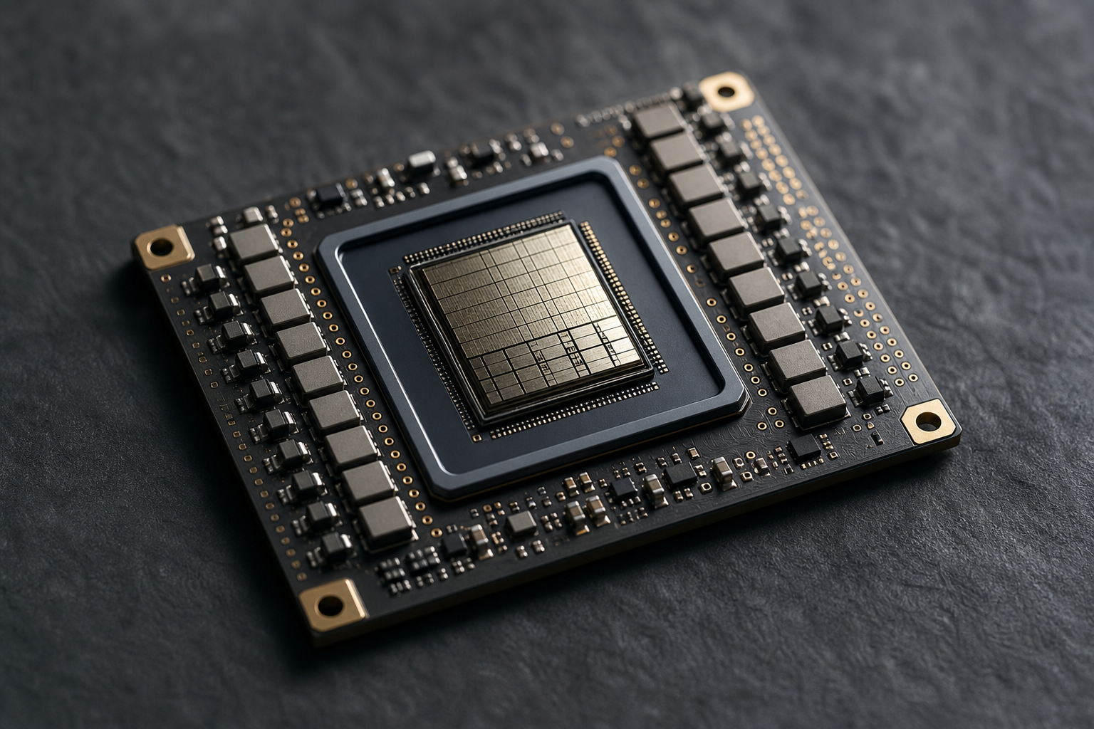 A conceptual editorial shot of a sleek, minimalist electronic circuit board component resting on a dark, textured surface, symbolizing precision engineering and