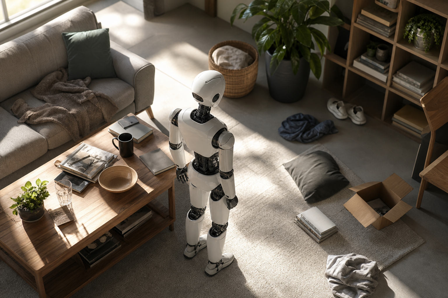A sleek humanoid robot navigating a detailed, photorealistic indoor environment with furniture and obstacles, symbolizing embodied AI and 3D scene understanding