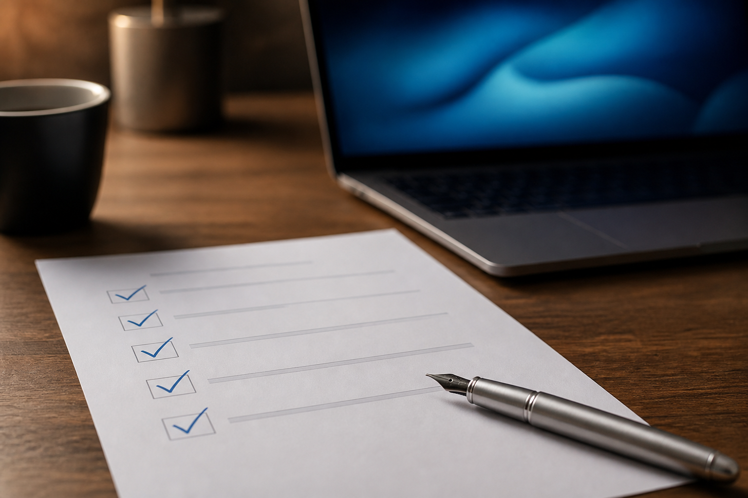 A close-up of a hand holding a pen over a printed university admission checklist, with a blurred laptop screen in the background