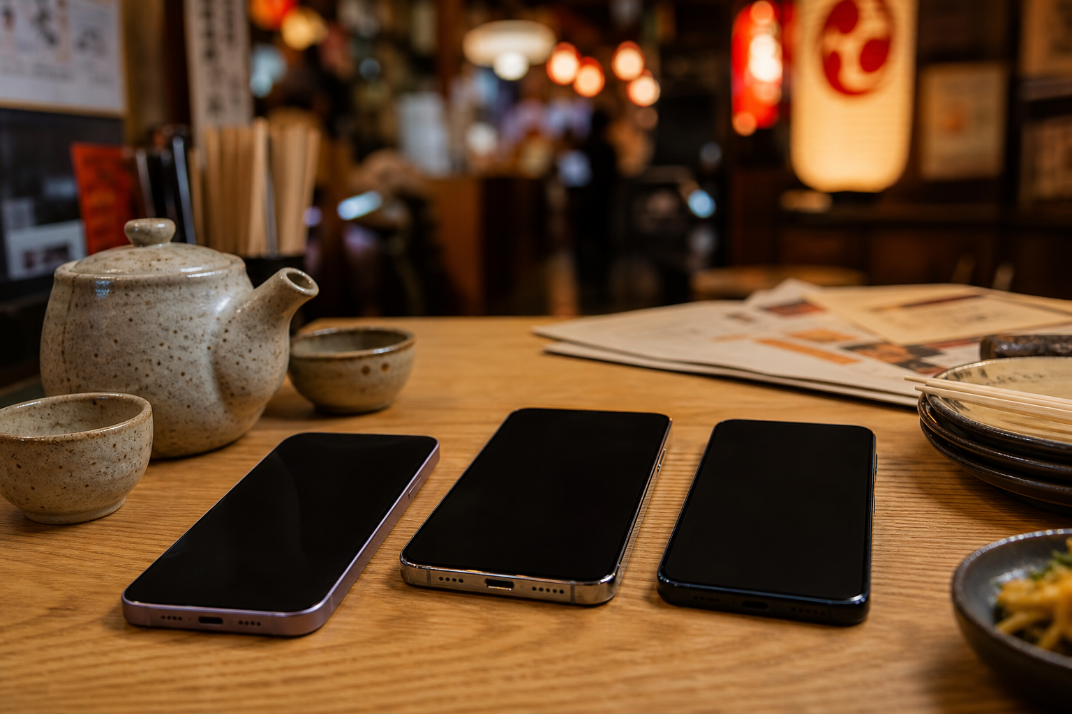 Three smartphones resting on a traditional Japanese izakaya table among menu sheets and tea