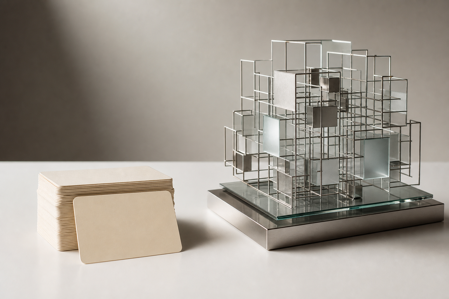 A split composition showing a stack of labeled data cards on one side and a complex, abstract geometric structure representing advanced AI logic on the other, s