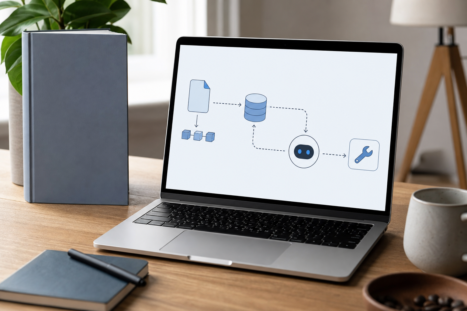 A developer's desk with a laptop showing a diagram of RAG and Agent workflow, surrounded by technical books and a coffee cup.