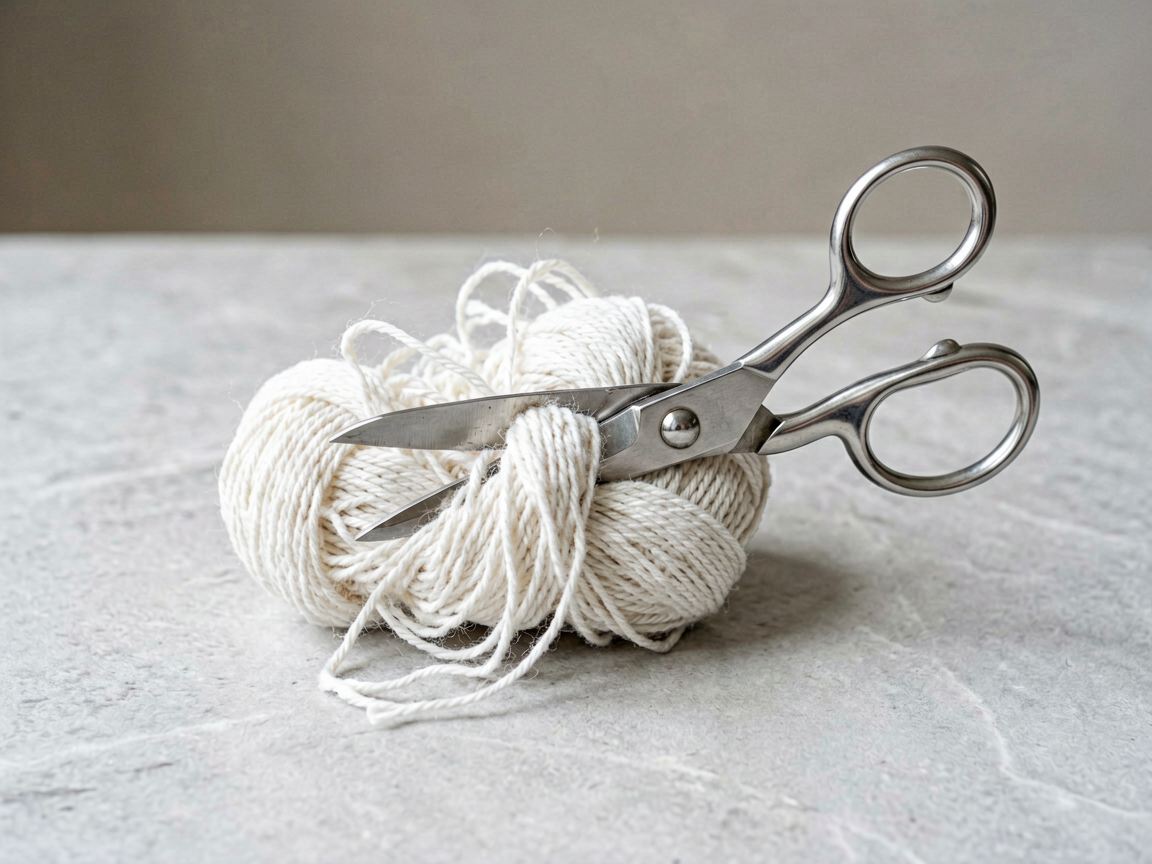 A minimalist editorial still life showing a tangled ball of white yarn next to a pair of sharp scissors on a clean desk, symbolizing the need to cut through con