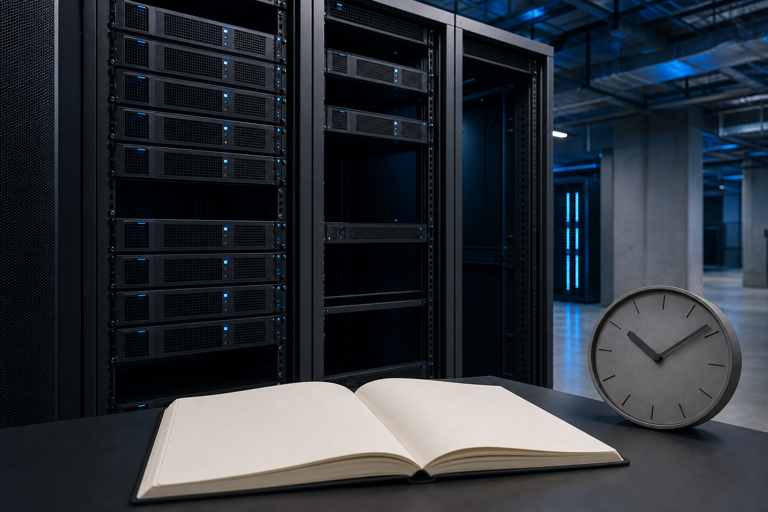 Editorial still life of a server rack with some slots active and others empty, beside an open ledger and a wall clock