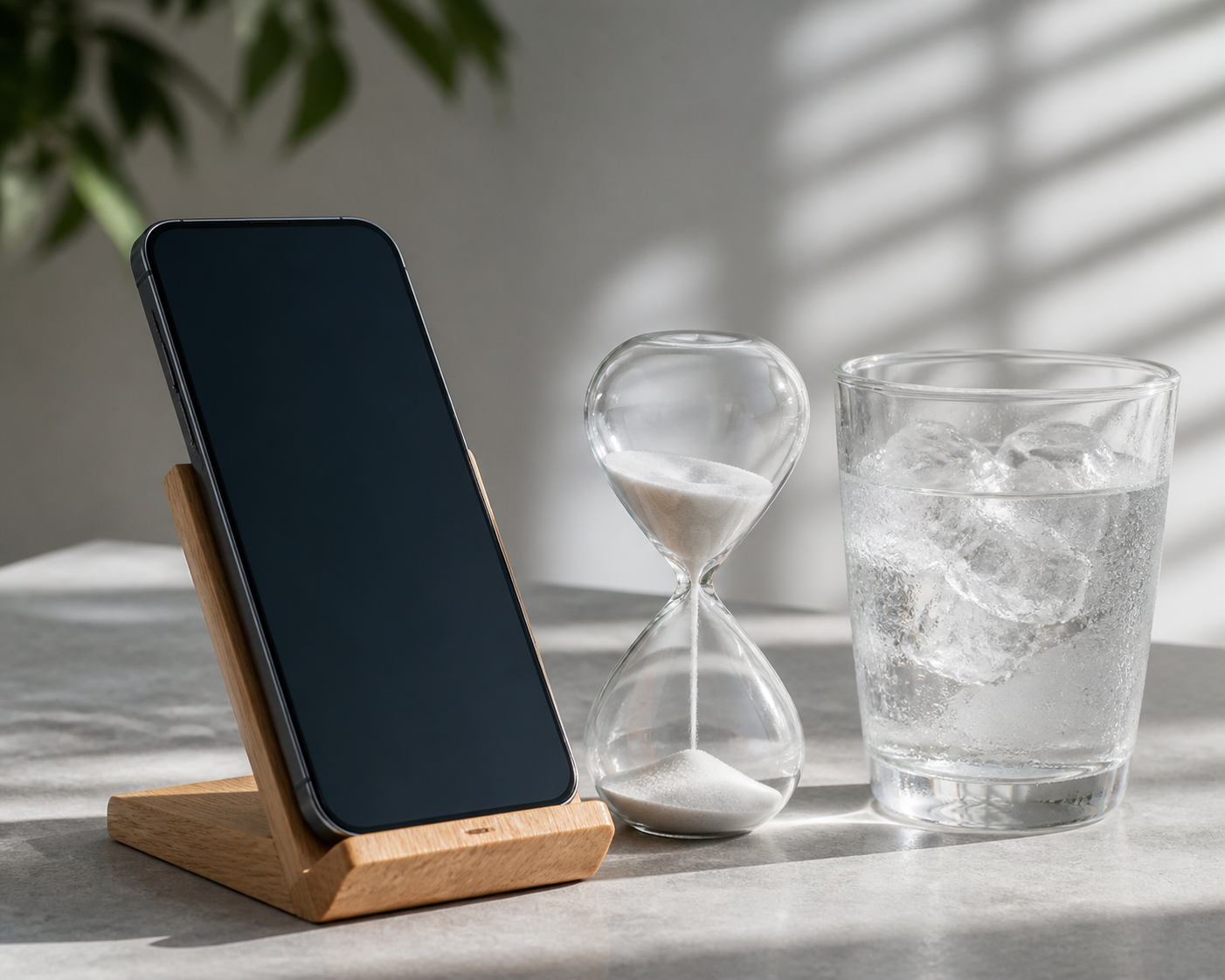 A minimalist editorial still-life photo featuring a smartphone resting on a wooden stand next to a sand hourglass and a glass of iced water on a sunlit table.