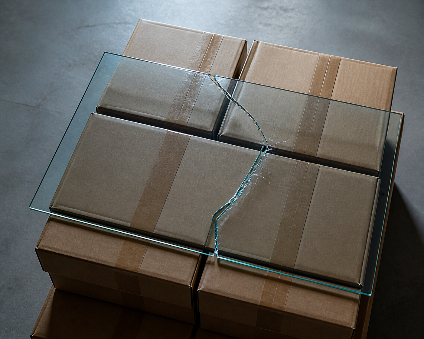 A cracked smartphone screen reflecting a frustrated face next to a pile of returned packages