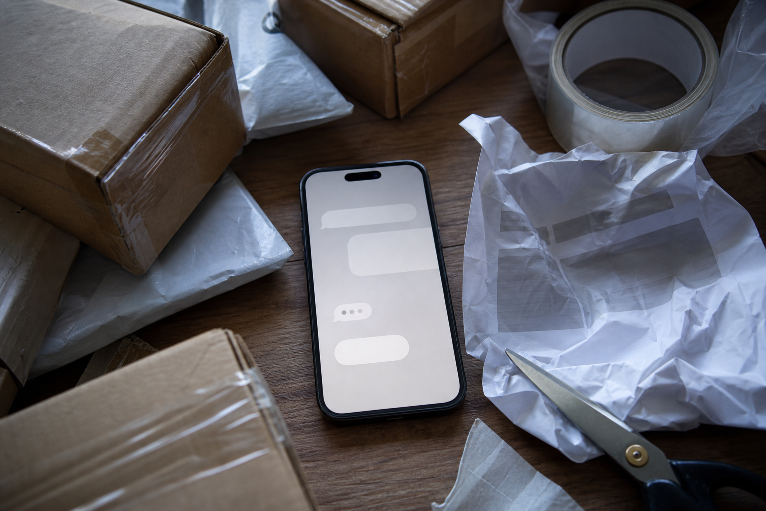 A smartphone displaying a blank chat interface, resting on a messy desk cluttered with return parcels, packing tape, and a printed return policy document, symbo