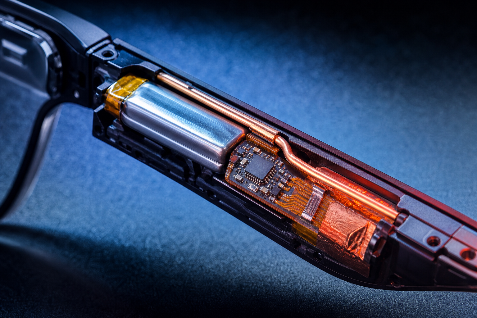 Close-up of a smart glasses temple interior, showing a tiny chip module and thin battery with thermal heat-map colors