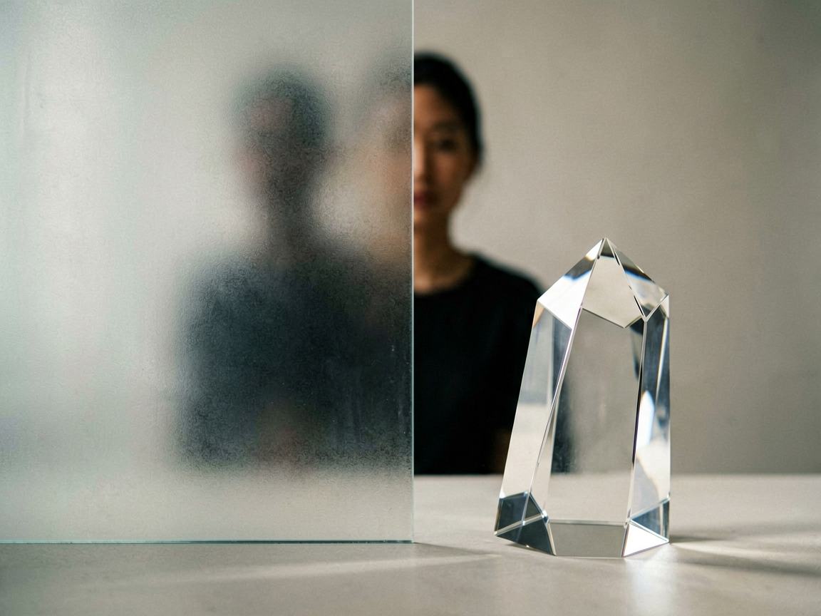 A split composition showing a blurred, shadowy human silhouette on one side and a crisp, transparent geometric prism on the other, symbolizing the shift from de