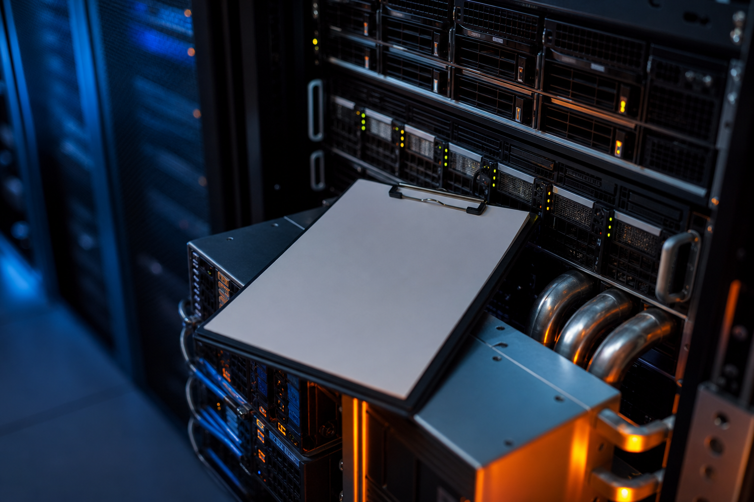 A server rack with a clipboard showing cost reduction data