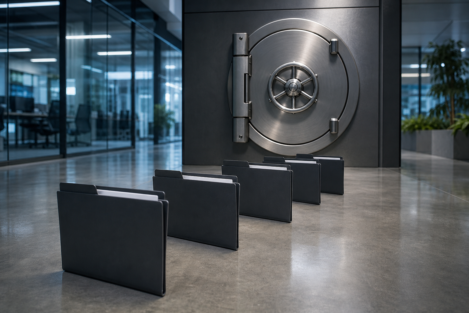Multiple vendor folders converging on a single bank vault door in a modern office park corridor