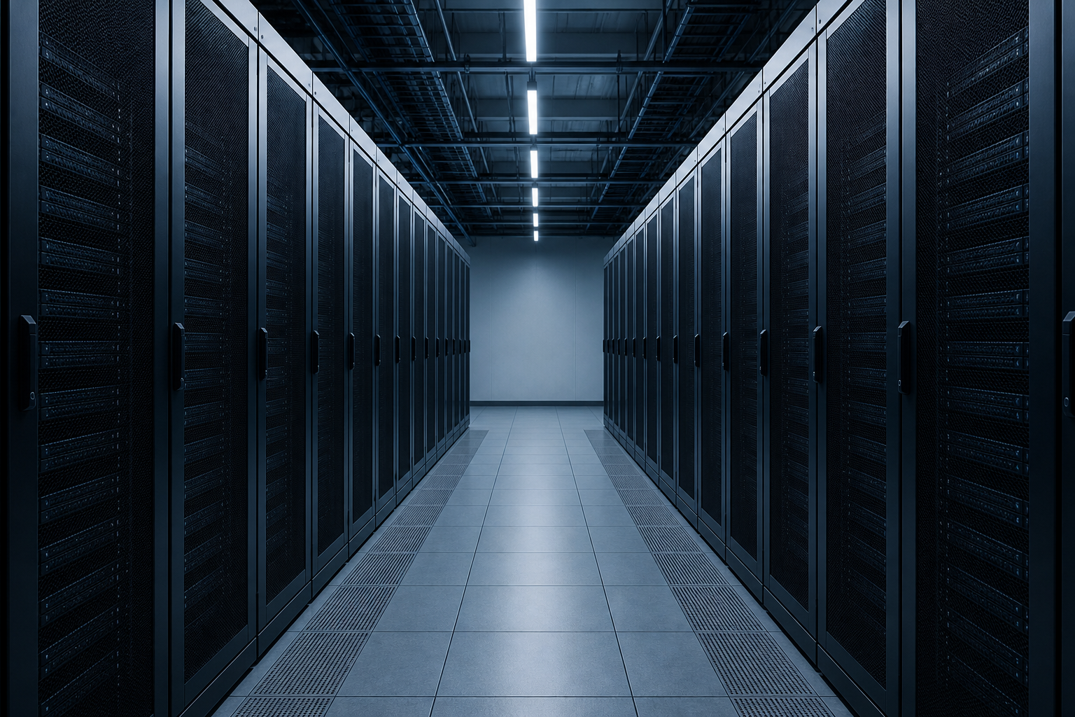 Empty server racks in a dimly lit data center representing idle computing power