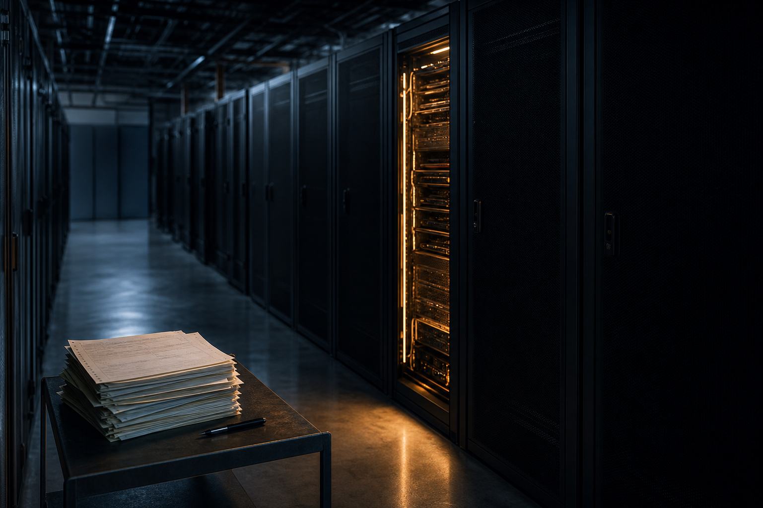 A quiet data center aisle with mostly empty server racks, a single active rack glowing softly, and a small stack of invoices on a side table.