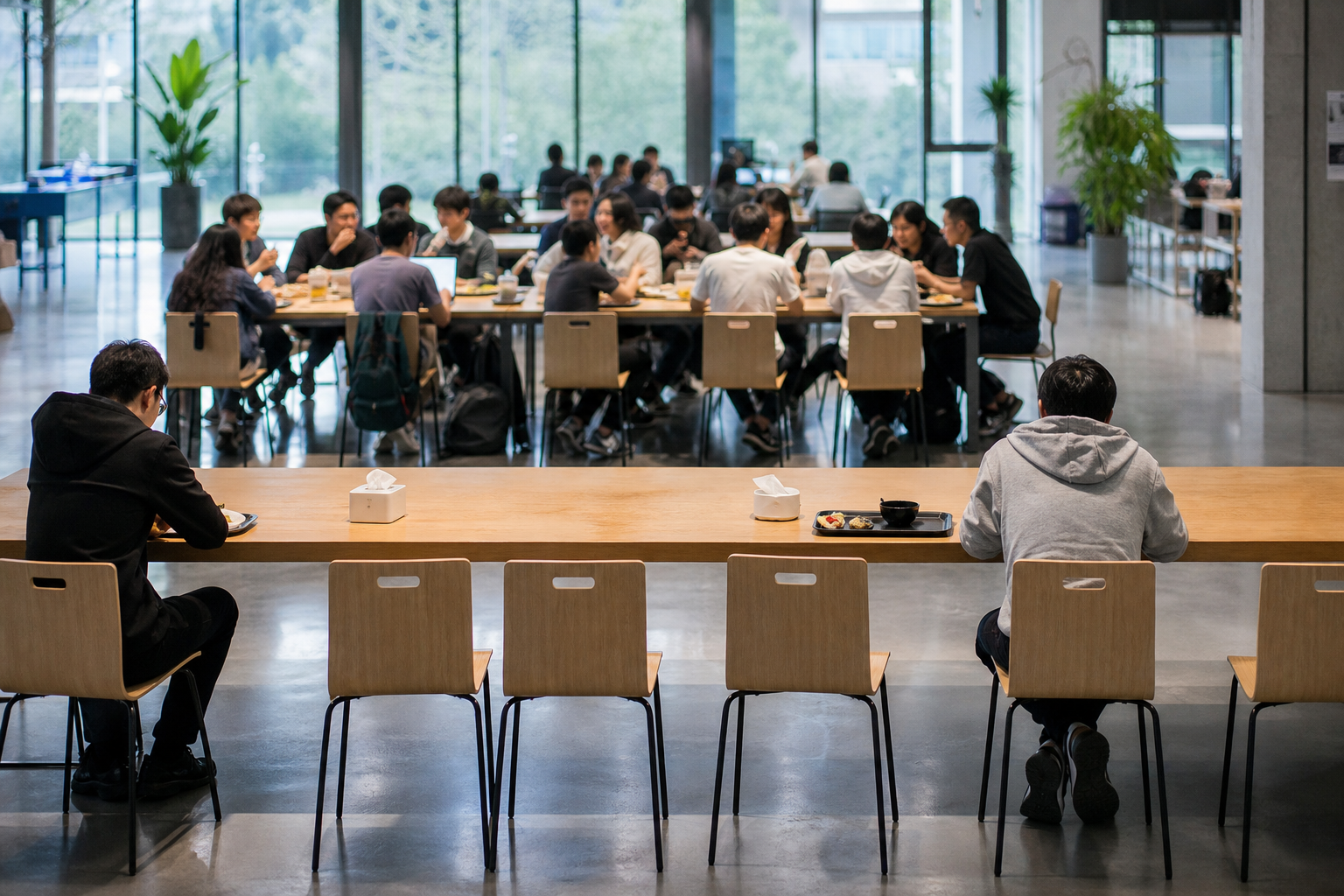 A half-empty cafeteria in a tech park, with one crowded table and one nearly deserted table, symbolizing the survival gap among AI agent startups.