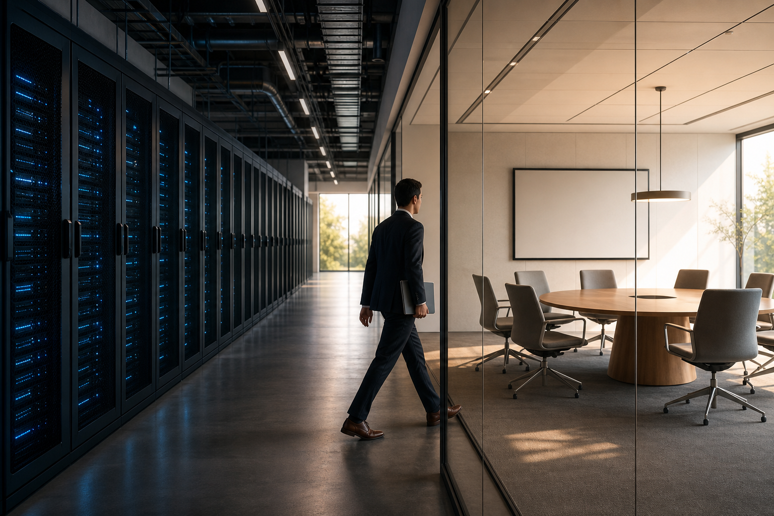 Industrial park corridor with server racks on one side and a meeting room on the other