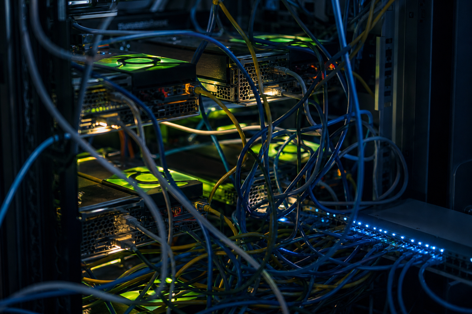 A server rack with glowing nodes connected by tangled, knotted Ethernet cables, symbolizing fragmented GPU allocation and communication bottlenecks in a shared 