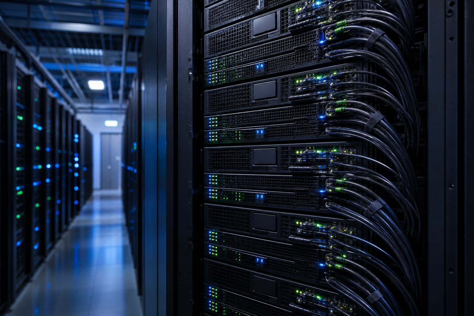 A server rack in a modern data center with cool blue lighting and blinking LED lights.