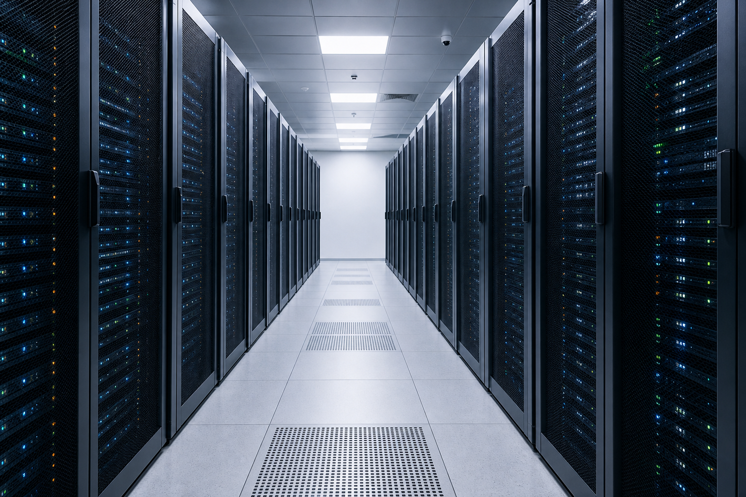A high-angle editorial shot of a modern, clean data center aisle with server racks, emphasizing order and efficiency without visible text.