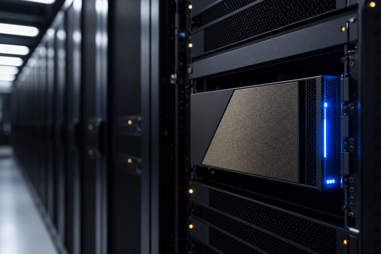 A close-up of a high-performance GPU server rack with some units dark or underutilized, set in a modern data center environment.