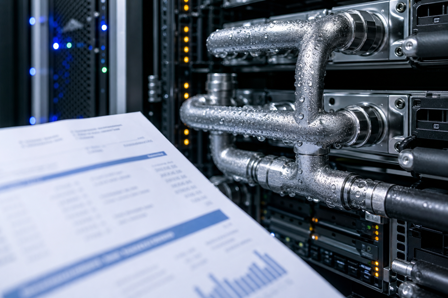 A close-up of liquid cooling pipes on a server rack with condensation, next to a blurred electricity bill.