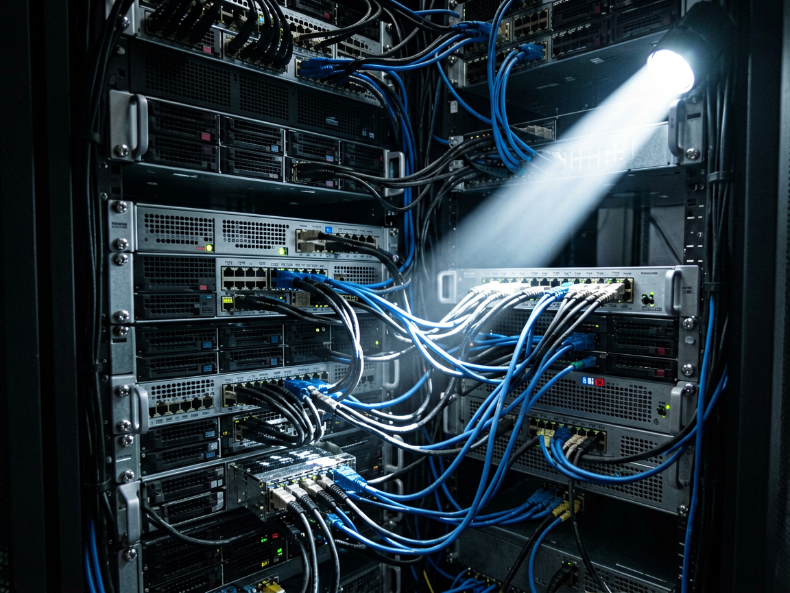 A complex server rack interior with tangled cables and a single focused light beam