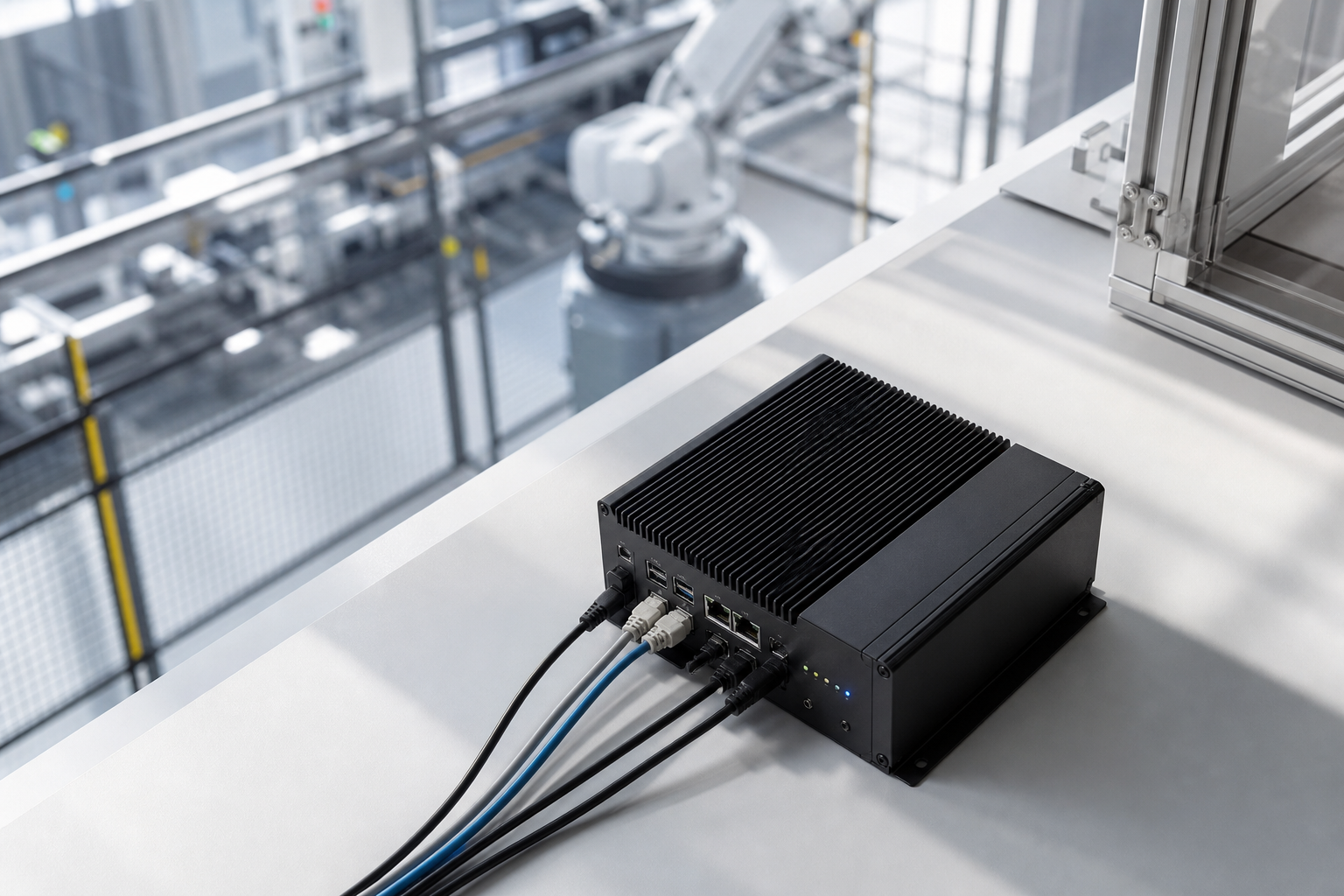 A sleek, minimalist server rack in a clean industrial setting representing edge computing infrastructure.