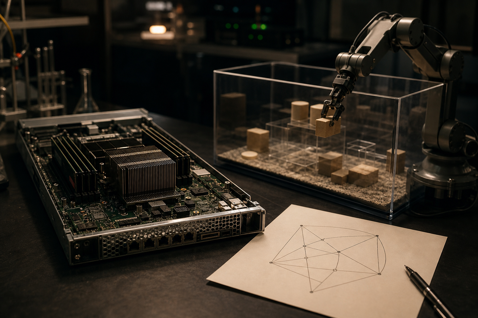 A modular editor's still life: bracketed scales of compute, arenas, and abstractions representing BIGAI's AGI experiment table.
