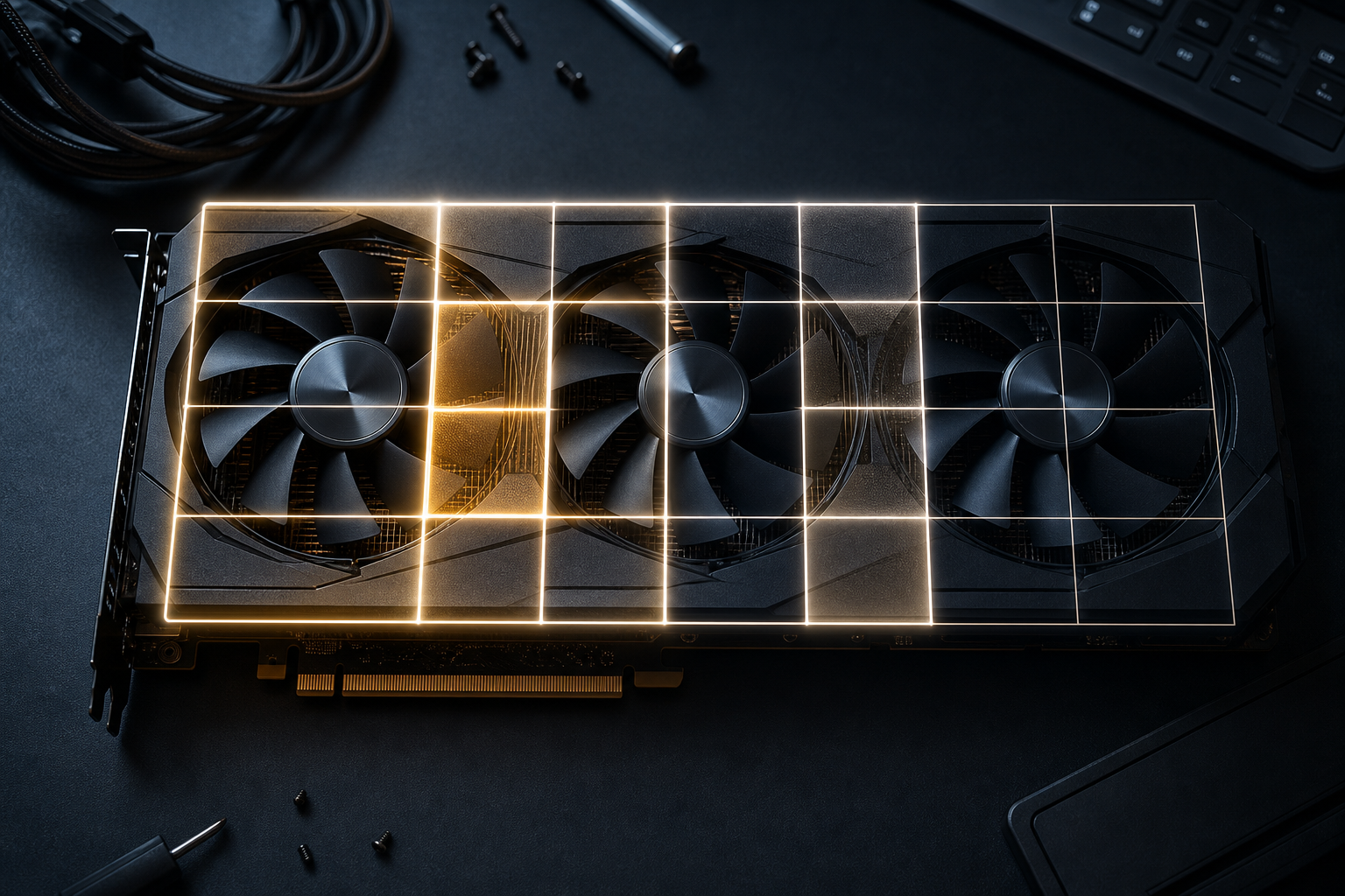 Overhead view of a single GPU physically split into multiple illuminated rental segments