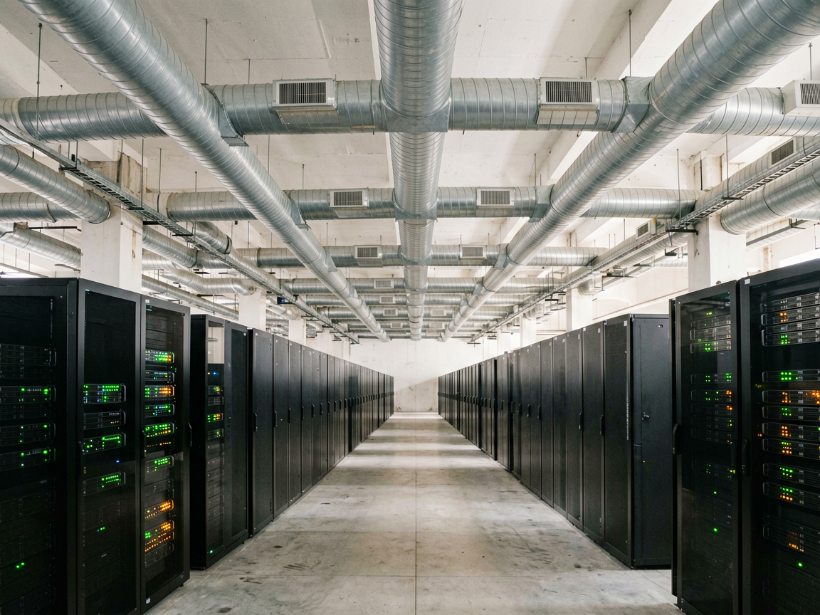 A nearly empty AI compute center hall with rows of dark server cabinets, only a few powered on, under cool blue lighting.