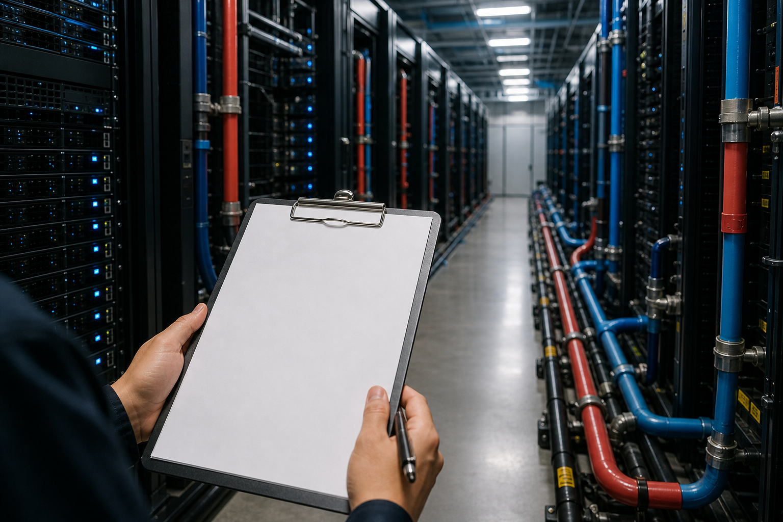 Security checklist on clipboard in front of server racks with liquid cooling pipes