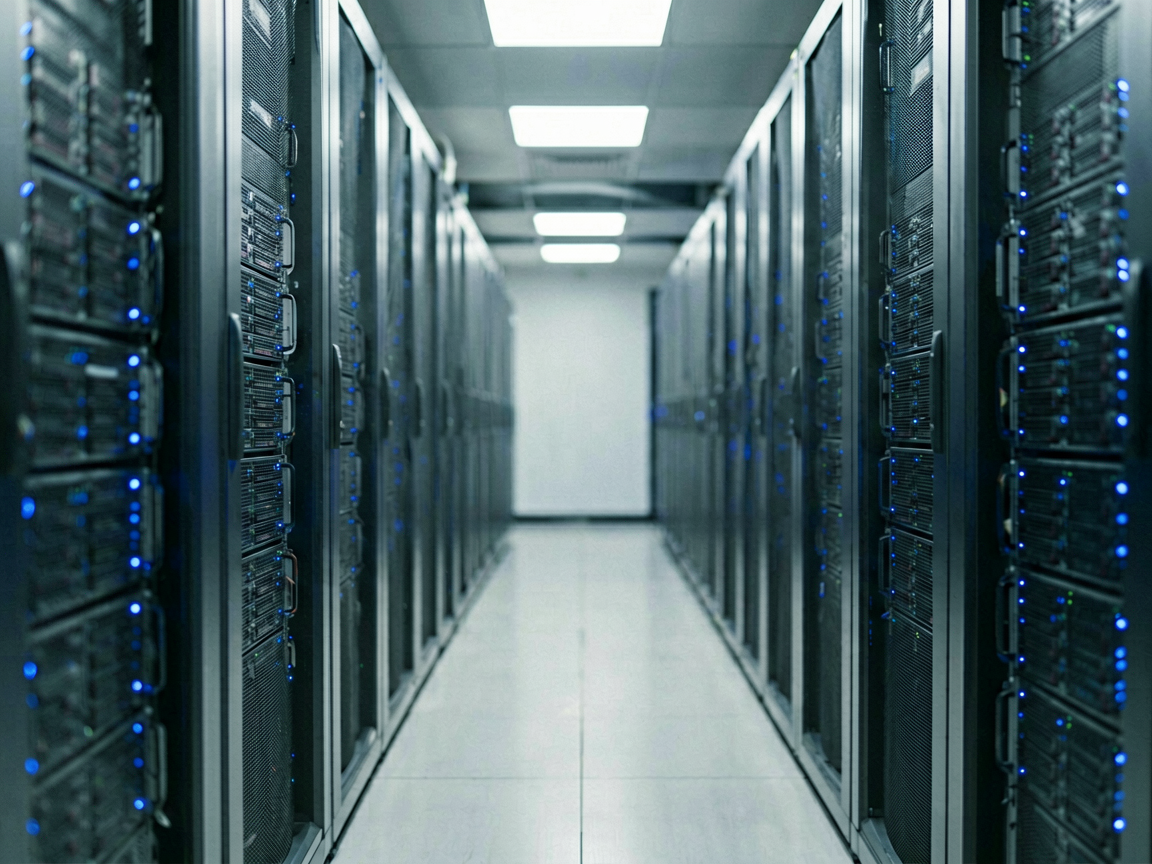 Modern data center server racks with blue indicator lights