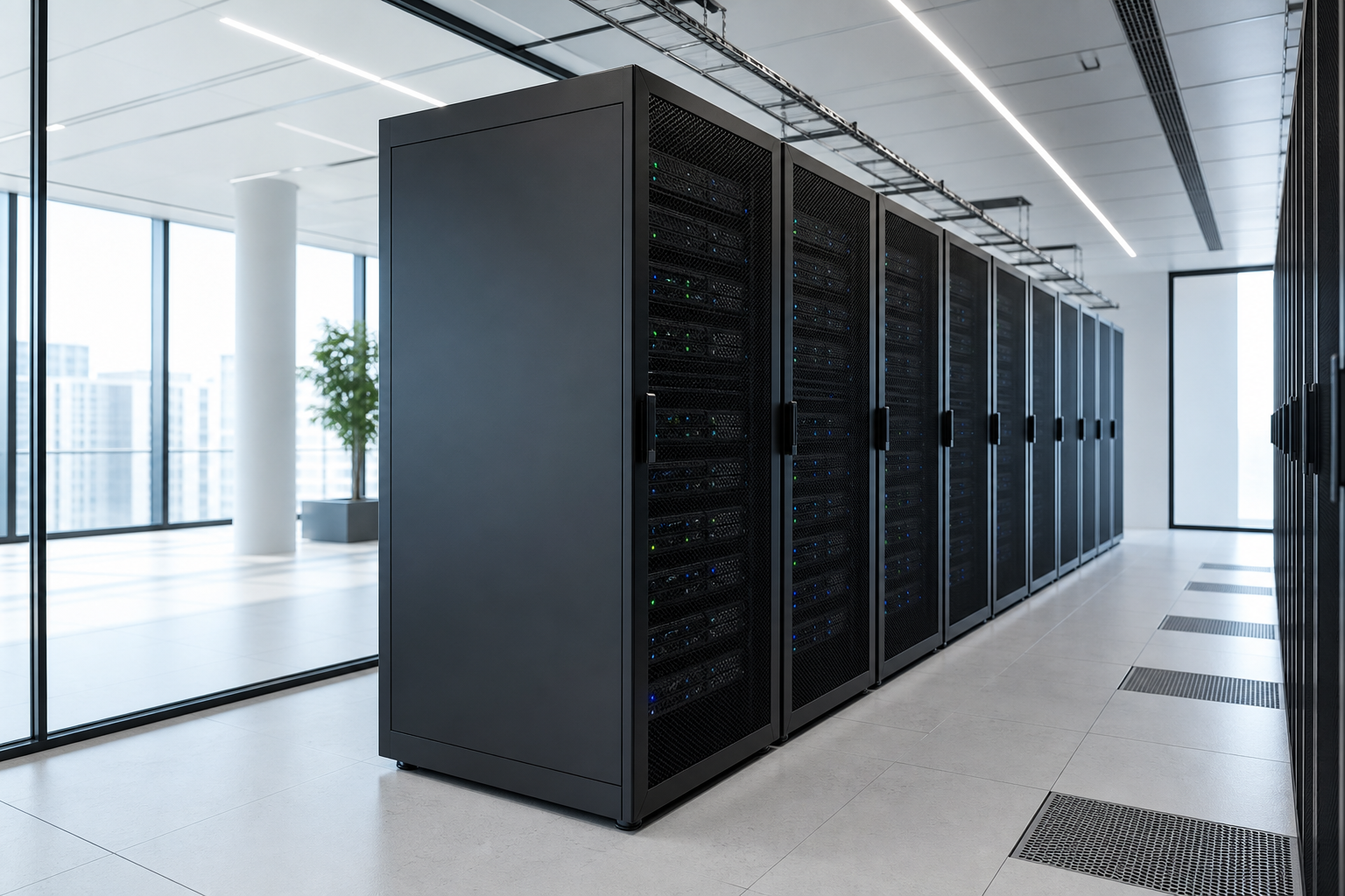 Modern data center interior with server racks in a bright office environment