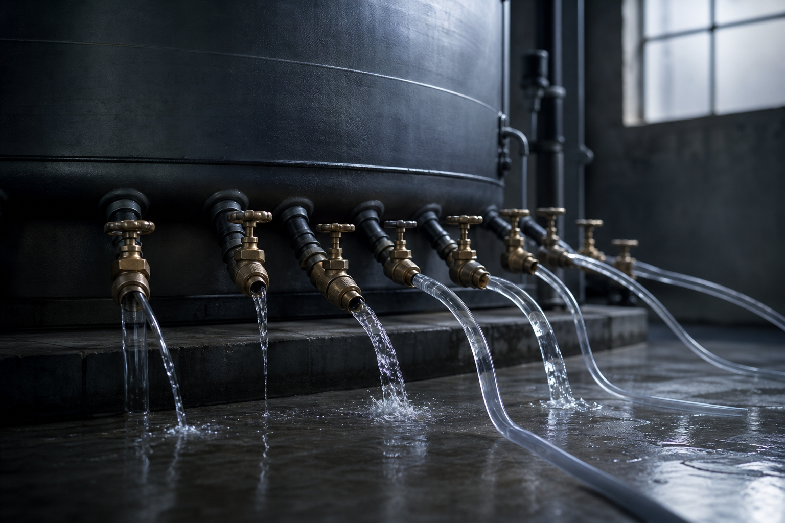 A large industrial water tank feeding multiple thin pipes with valves, illustrating how nominal capacity shrinks to usable flow.