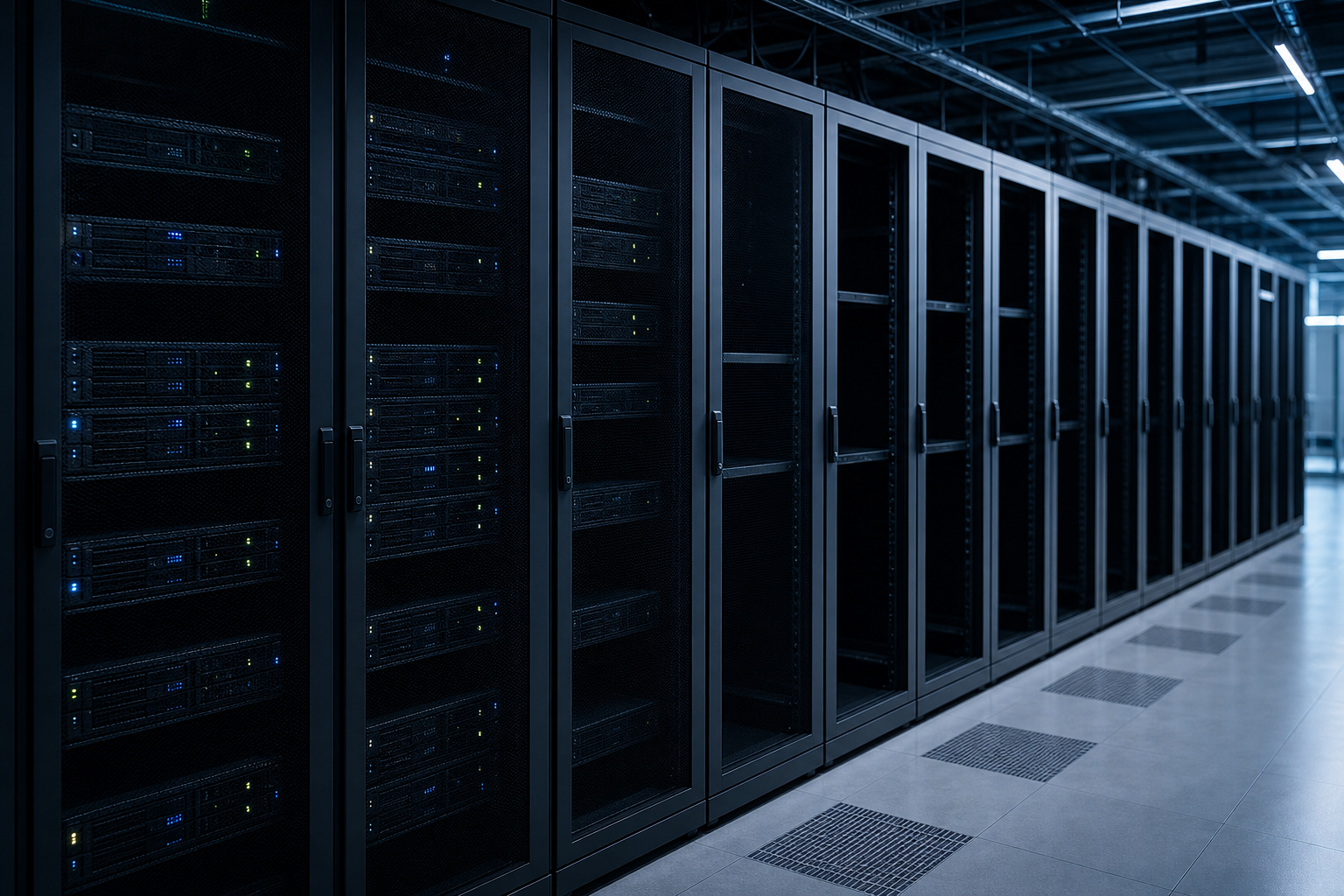 Empty server racks in a cold data center representing low utilization