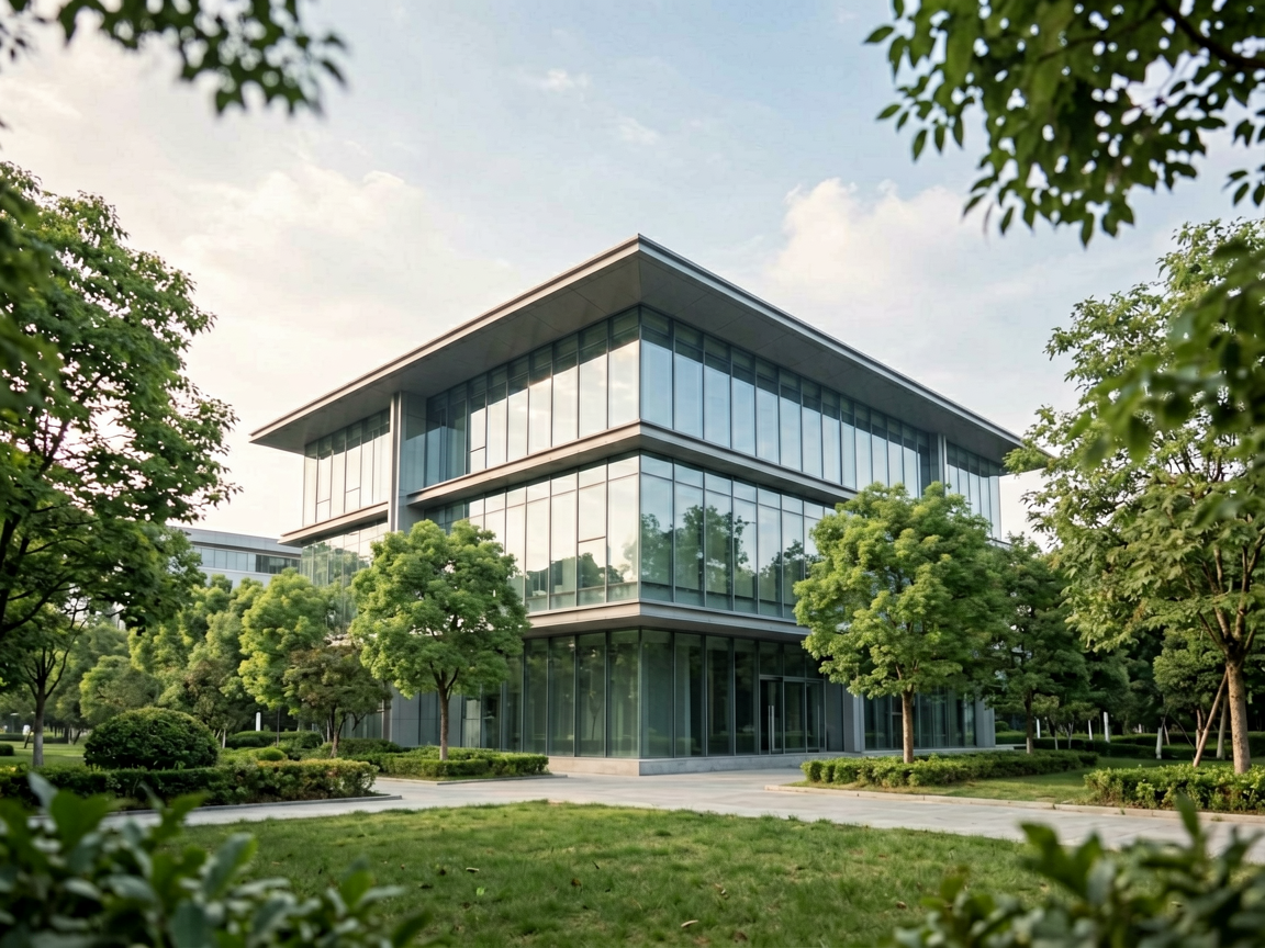 Modern architectural view of an AI innovation park campus
