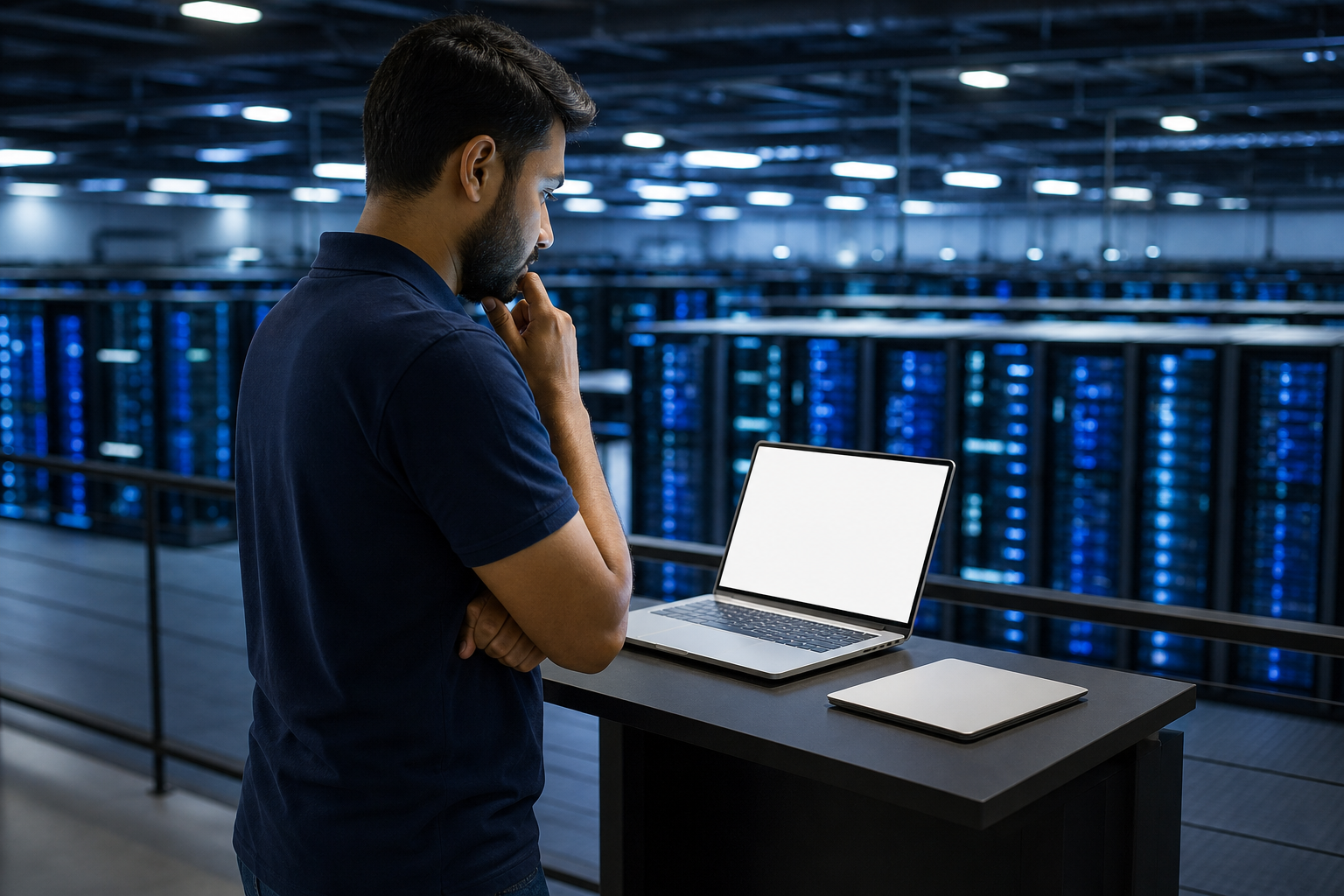Editorial image of a data scientist in a modern data center, illustrating the new challenges in AI model training with accessible computing infrastructure.
