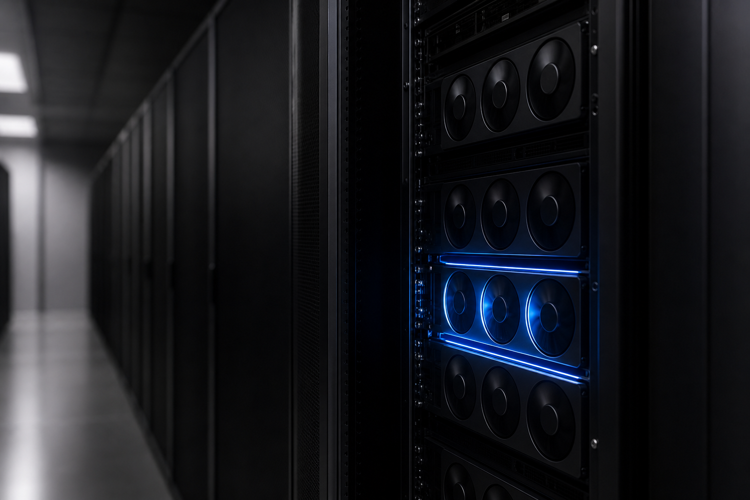 A server rack in a data center aisle, with only some GPU units illuminated to represent idle versus active computing power.