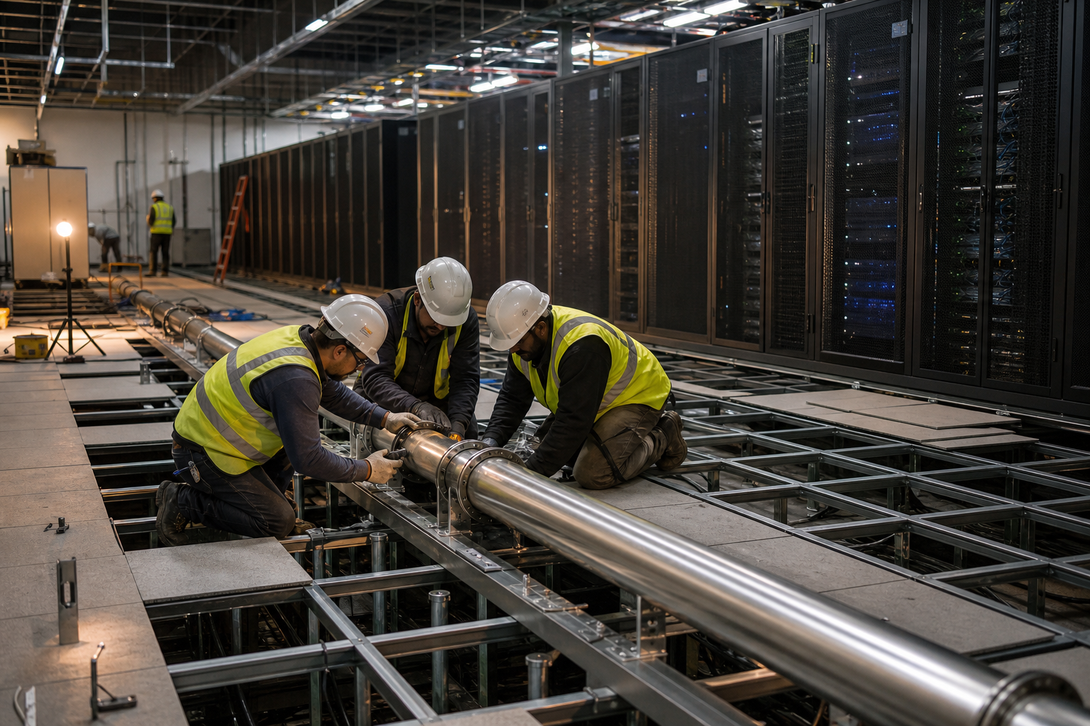 Workers installing large stainless steel coolant pipes in a stripped-down datacenter hall, symbolizing a retrofit from air cooling to liquid cooling.