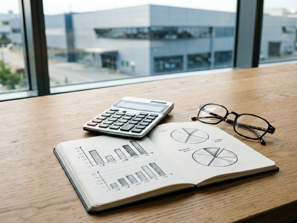 A minimalist desk setup featuring a calculator, a notebook with hand-drawn cost charts, and a blurred background of a modern tech building.