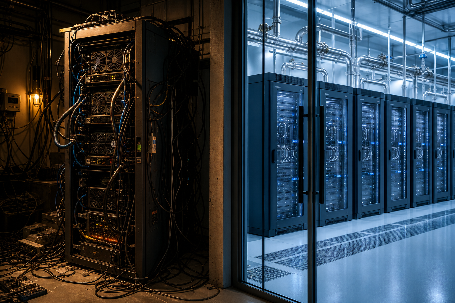 Editorial still life comparing two GPU server setups: a costly standalone rig versus a subsidized shared rack