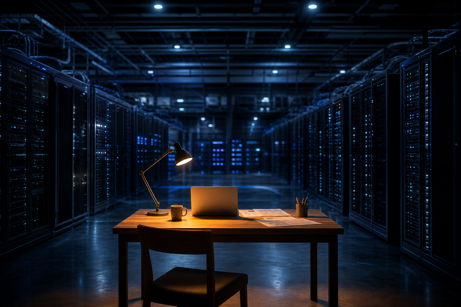 An editorial photograph depicting a small, warm-lit wooden desk positioned inside a vast, cold server room filled with dark computer racks.