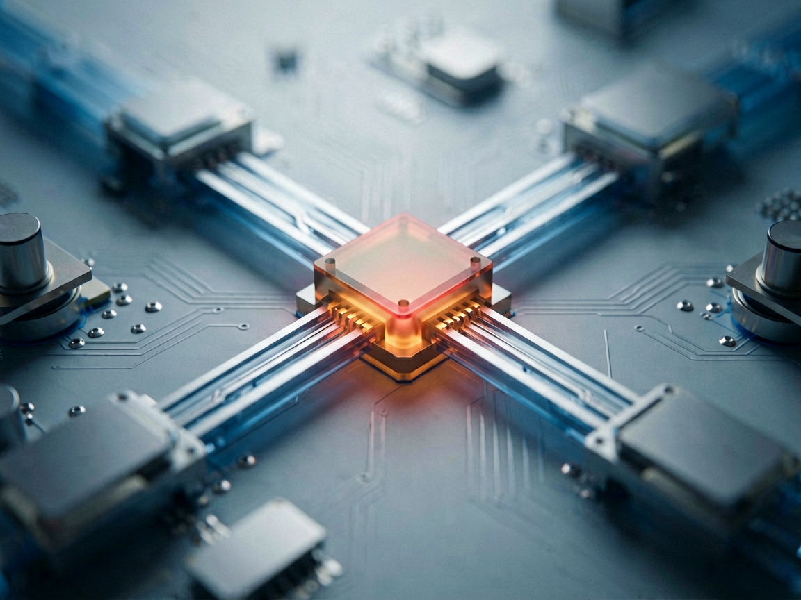 Abstract visualization of data flow encountering a bottleneck in a high-tech circuitry environment.