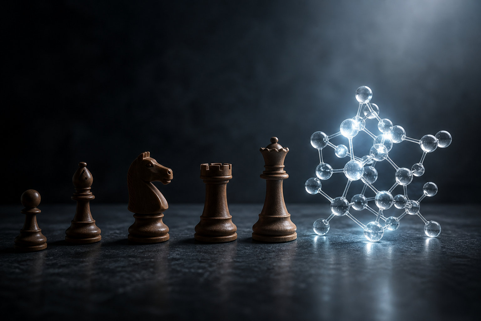 A glowing molecule model sitting on top of chess pieces, symbolizing the shift from reasoning to scientific discovery.