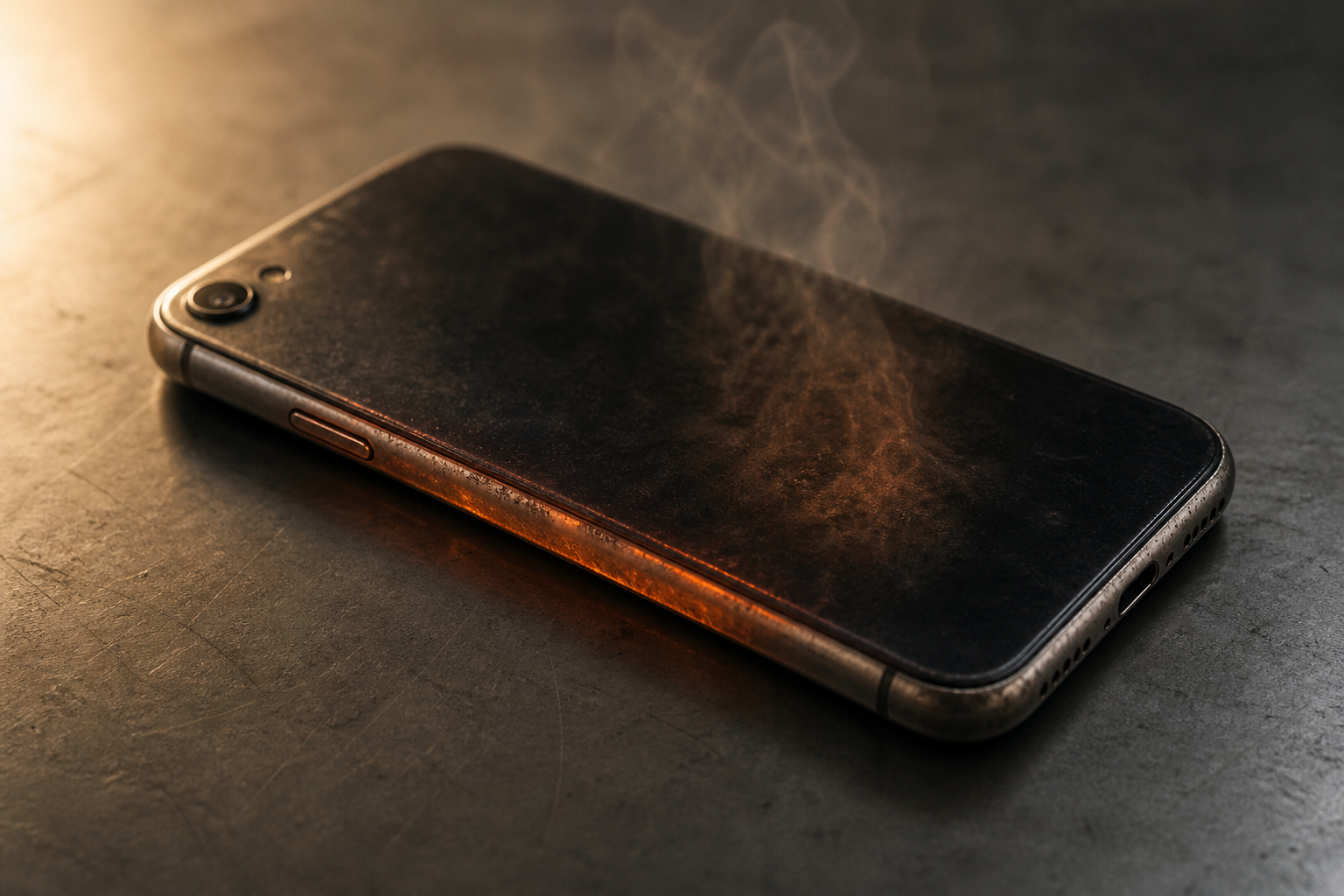 An iPhone resting on a metal surface with faint heat shimmer rising from it, sparse editorial still life