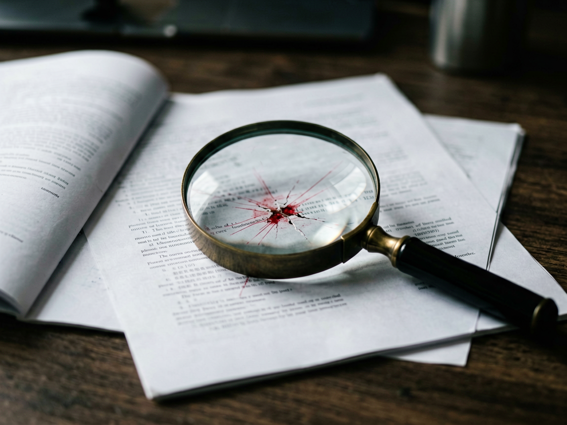 Magnifying glass revealing red cracks on audit report.